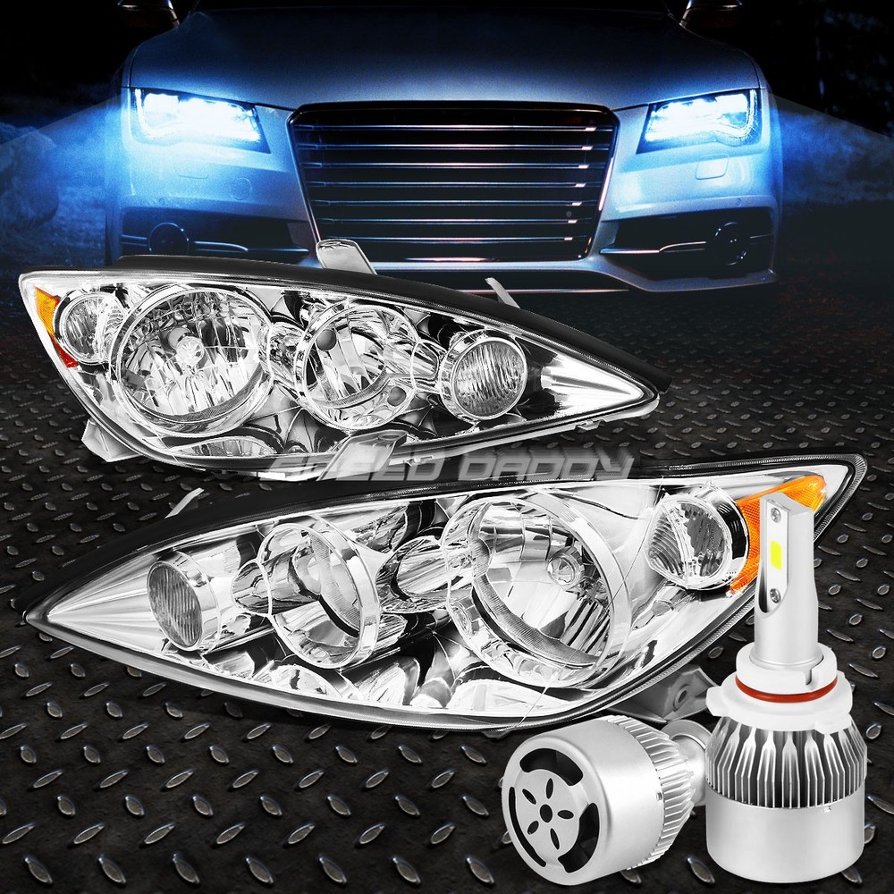 05-06 Camry Chrome Housing Headlight with Amber Corner & White LED 9006 HID Fan