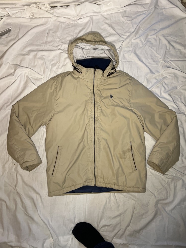 US Polo Assn Mens Large Beige Bomber Jacket with Fleece Lining and Full Zip
