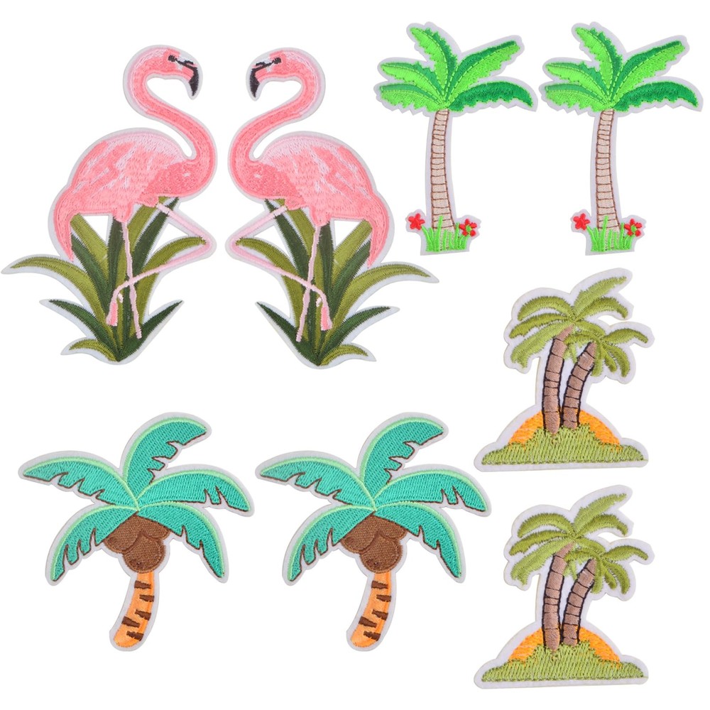 6pcs 3 Styles Green Coconut Tree Iron on Patches and 1 Pair Flamingo Bird Emb...