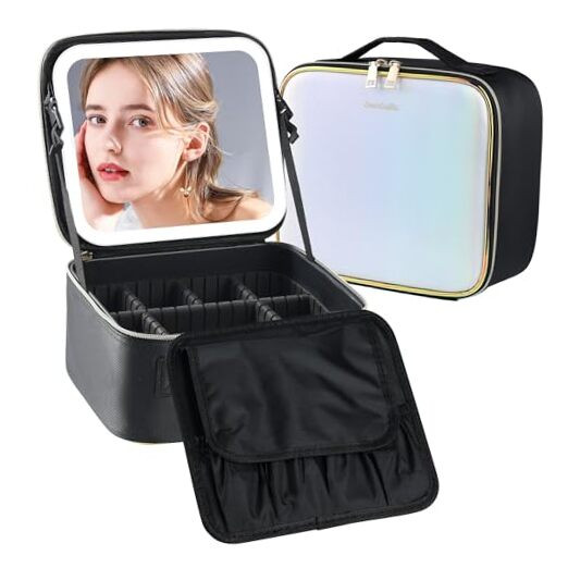 Travel Makeup Bag with Lighted Mirror, Makeup Train Case with LED Illusory