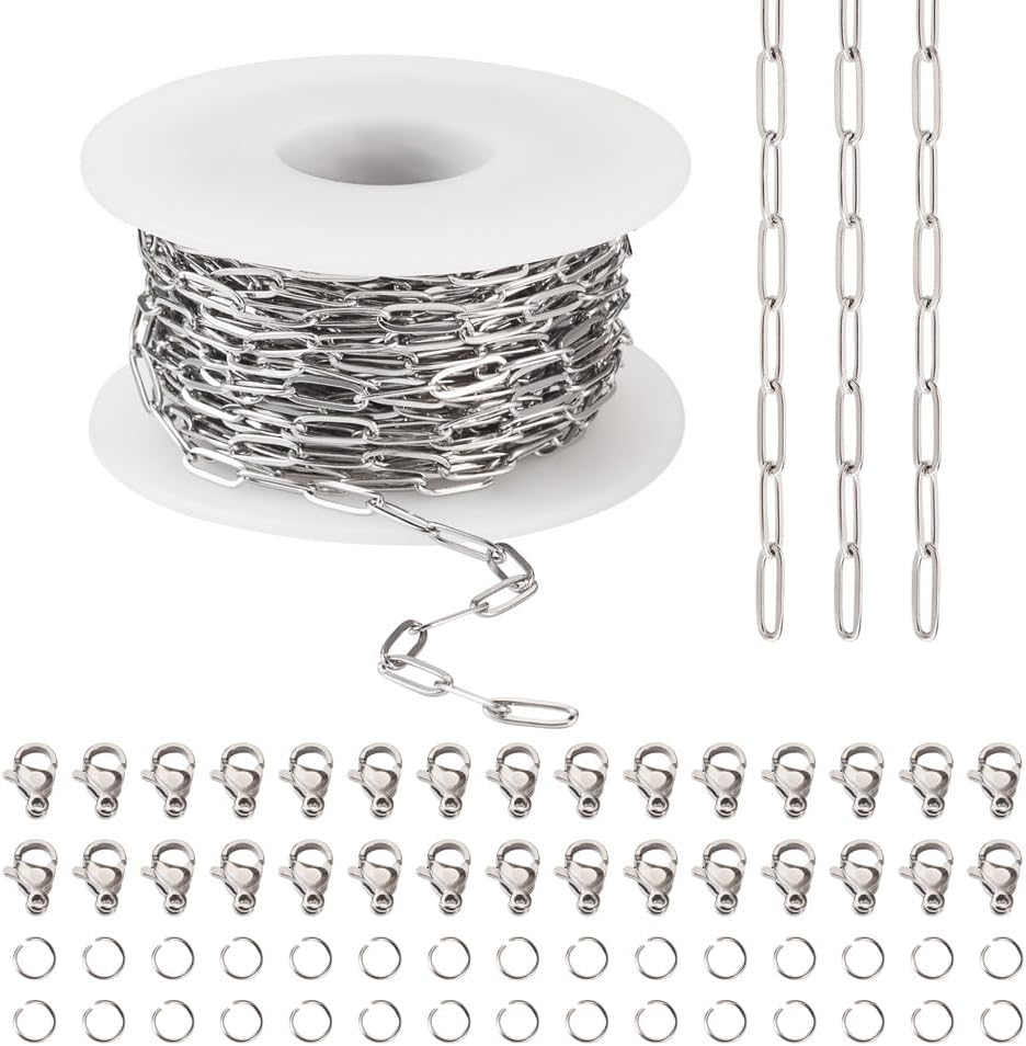 32.8Feet/10M Soldered Paperclip Link Chains with 60Pcs Jump Rings 30Pcs Lobster