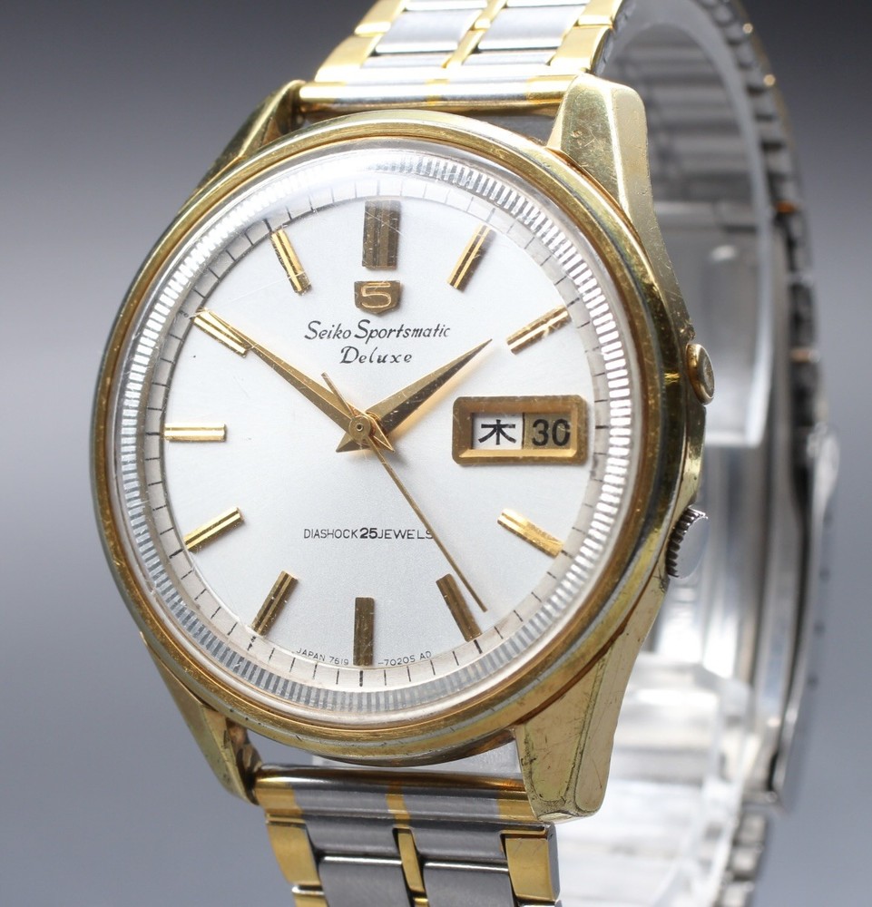 Vintage 1965 [N MINT] Seiko 5 Sportsmatic Deluxe 7619-7010 AT Silver Mens Watch
