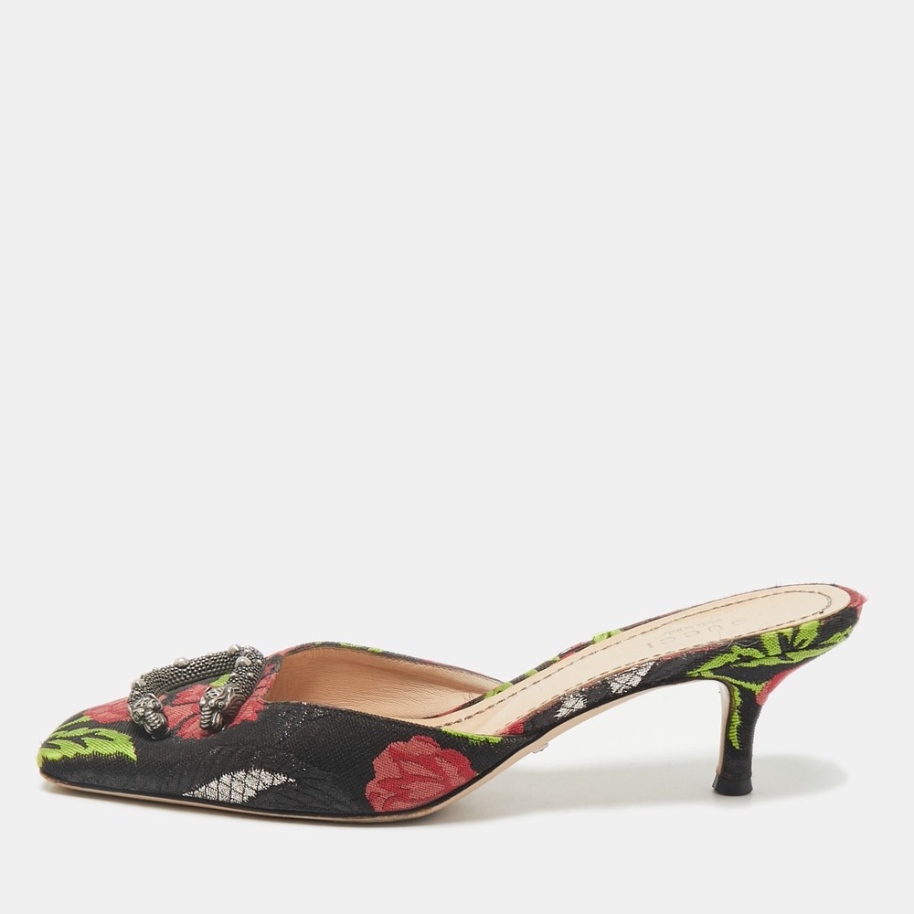 Gucci Black Floral Brocade Dionysus Square Toe Mules Size 37