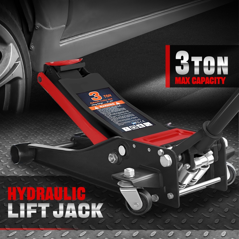 3 Ton Dual Piston Low Profile Hydraulic Trolley Floor Jack 3-20 Inch Lift Black