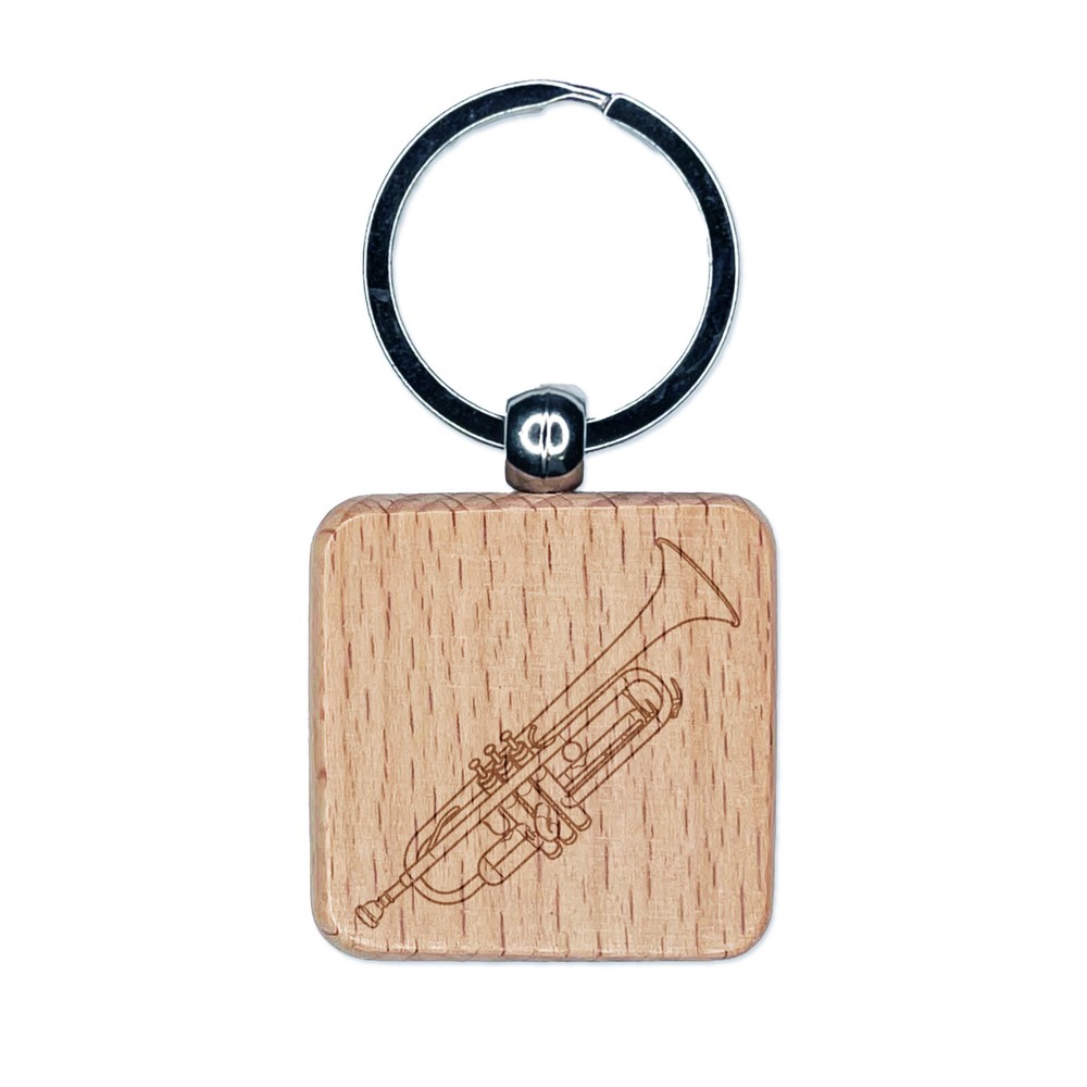 Trumpet Brass Musical Instrument Engraved Wood Square Keychain Tag Charm