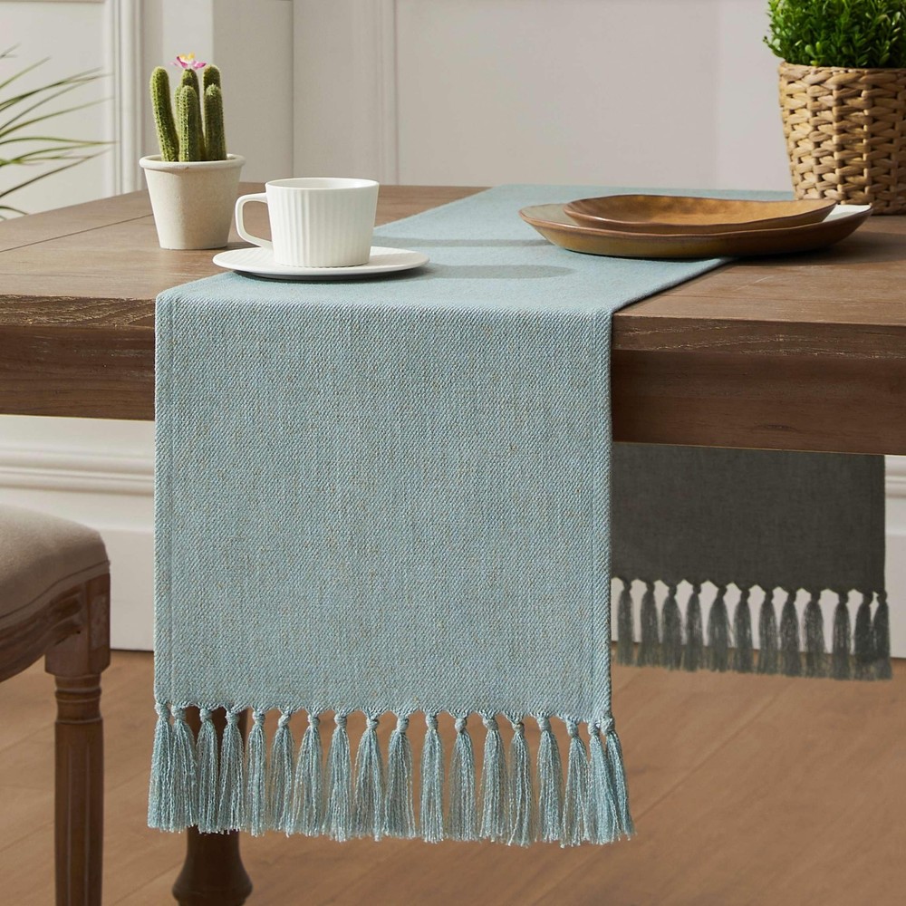 Linen Blend Table Runner Blue 13x90 Inch Farmhouse Burlap Linen Rustic Blue T...