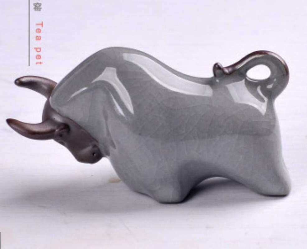 3.9-inch Yixing Zisha Ge Kiln Ox Zodiac Tea Pet Statue Chinese Pottery