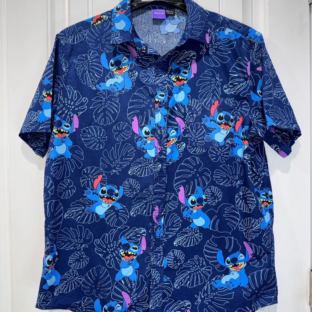 Disney Lilo & Stitch Aloha Hawaiian Shirt Mens L Blue Button Up Tropical Adult