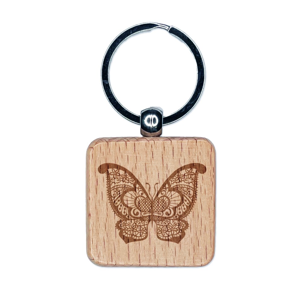 Lace Butterfly Engraved Wood Square Keychain Tag Charm