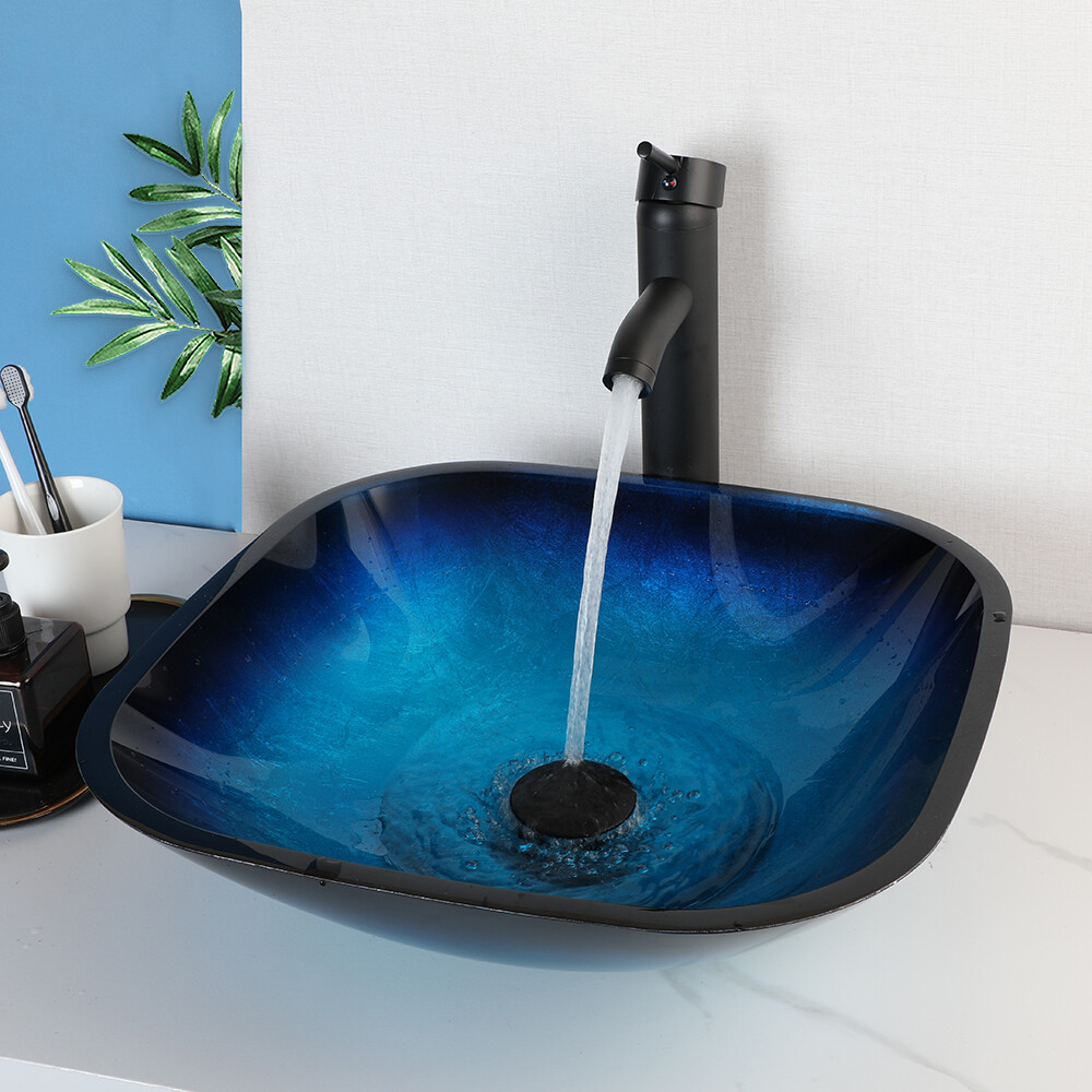 17-Inch Blue Tempered Glass Vessel Sink with Black Faucet
