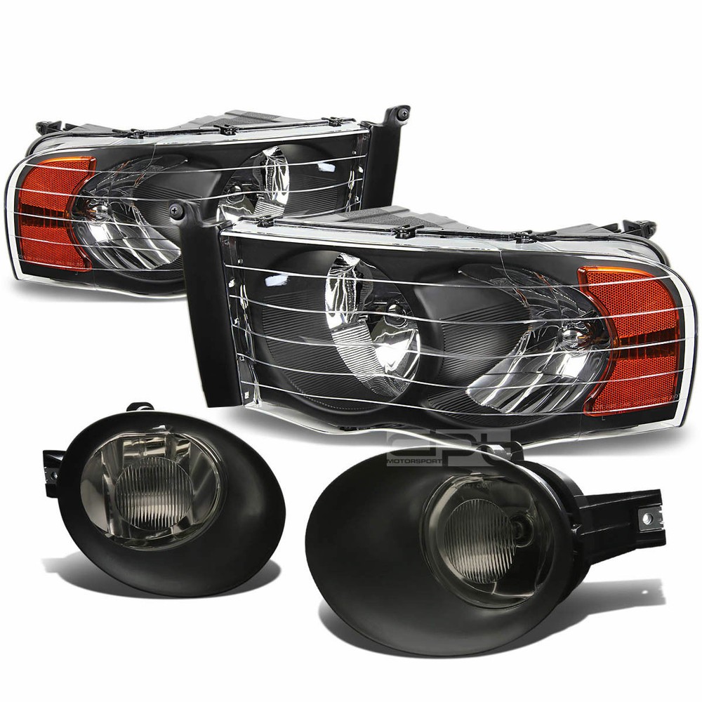 FOR 02-05 RAM BLACK HOUSING AMBER CORNER REFLECTOR HEADLIGHTS/LAMPS+FOG LIGHTS