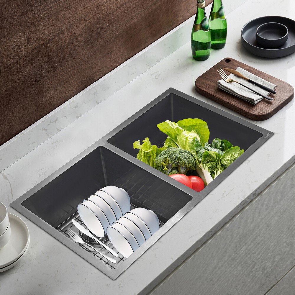 31-Inch Double Bowl Composite Drop-In Kitchen Sink with Stainless Steel 2-Bowl Set