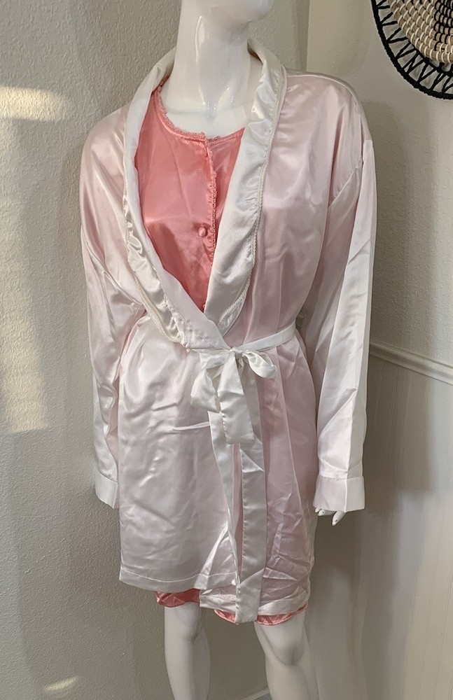 Vintage 90's Intimate Moods Pink Satin Nightie Nightgown w/ White Robe Sz L