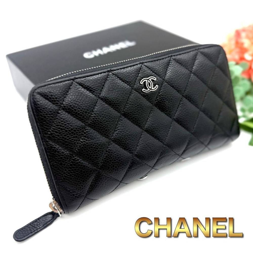 Chanel Matrasse Caviar Skin Coco Mark Black Long Wallet Round Zip L14