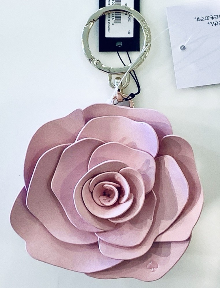 Kate Spade FLORA 3D Rose Pink Coin Purse Keychain Charm Zip Around NWT