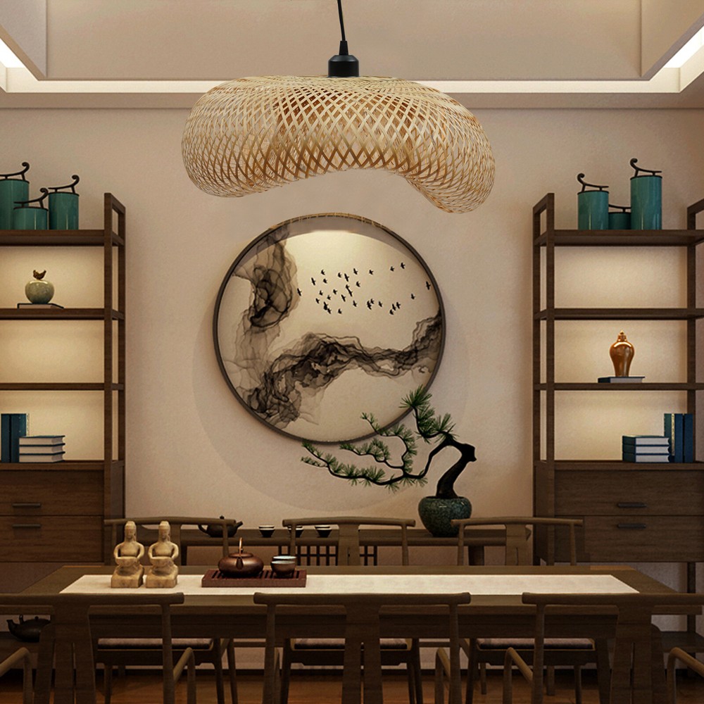 Bamboo Wicker Vintage Rattan Lantern Ceiling Lamp Swag Pendant Light Fixture E27