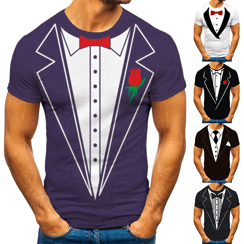 Mens Fake Suit Vest 3D Printed T-Shirt Funny Fake Suit Tuxedo Bow Tie Shirts Top