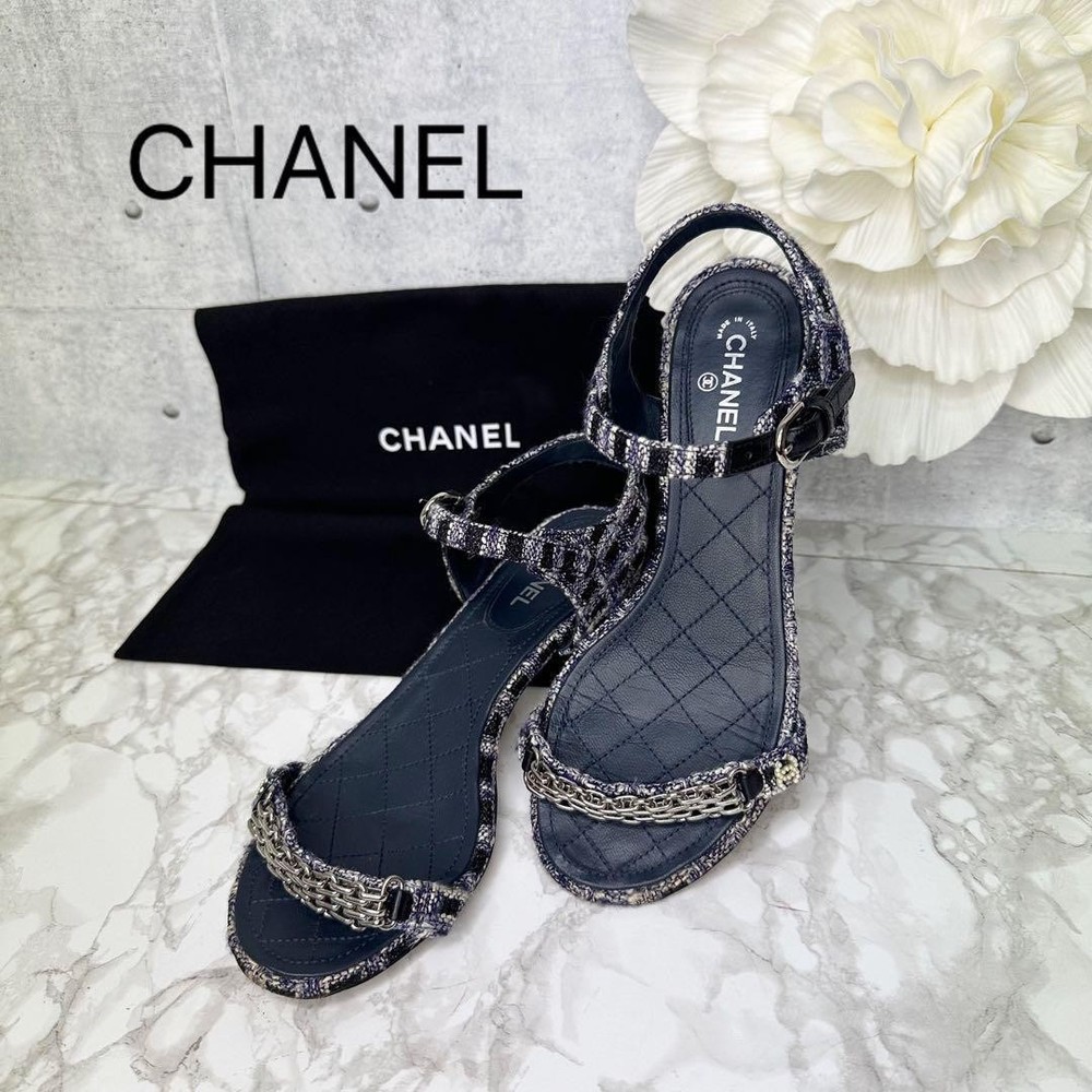 Chanel Coco Mark Sandals G31705 Men 5.0US Tweed Leather Flip Flops