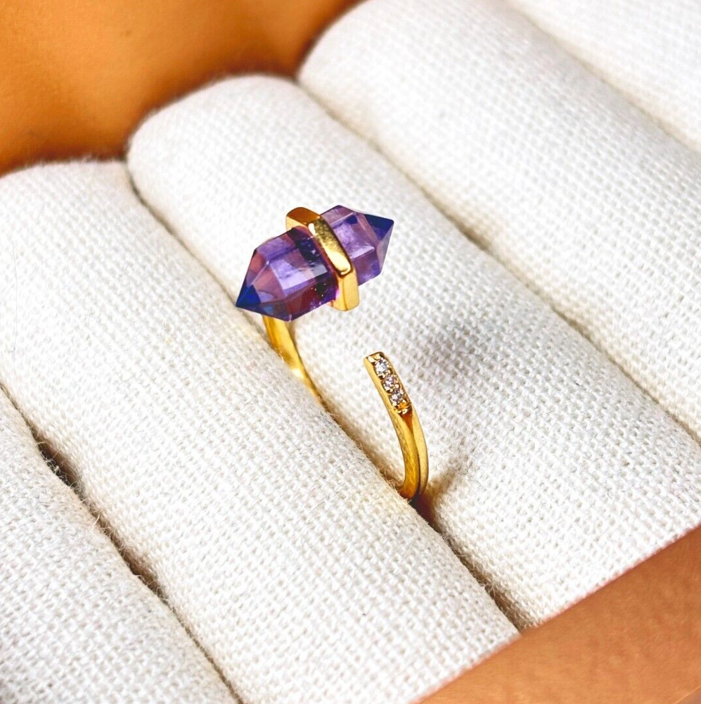 Amethyst Crystal Point Ring – Hexagonal Wand – Real Quartz – Birthstone Jewelry