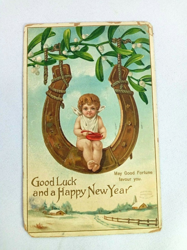 Vintage Postcard Good Luck & New Years Greetings Posted 1911 Angel on Horseshoe-image