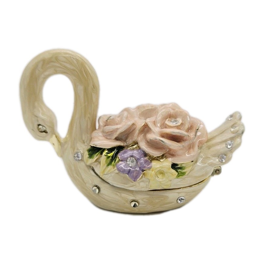 Swan Enamel Rhinestone Trinket Box Hinged Whimsical Jeweled Gift for Girls