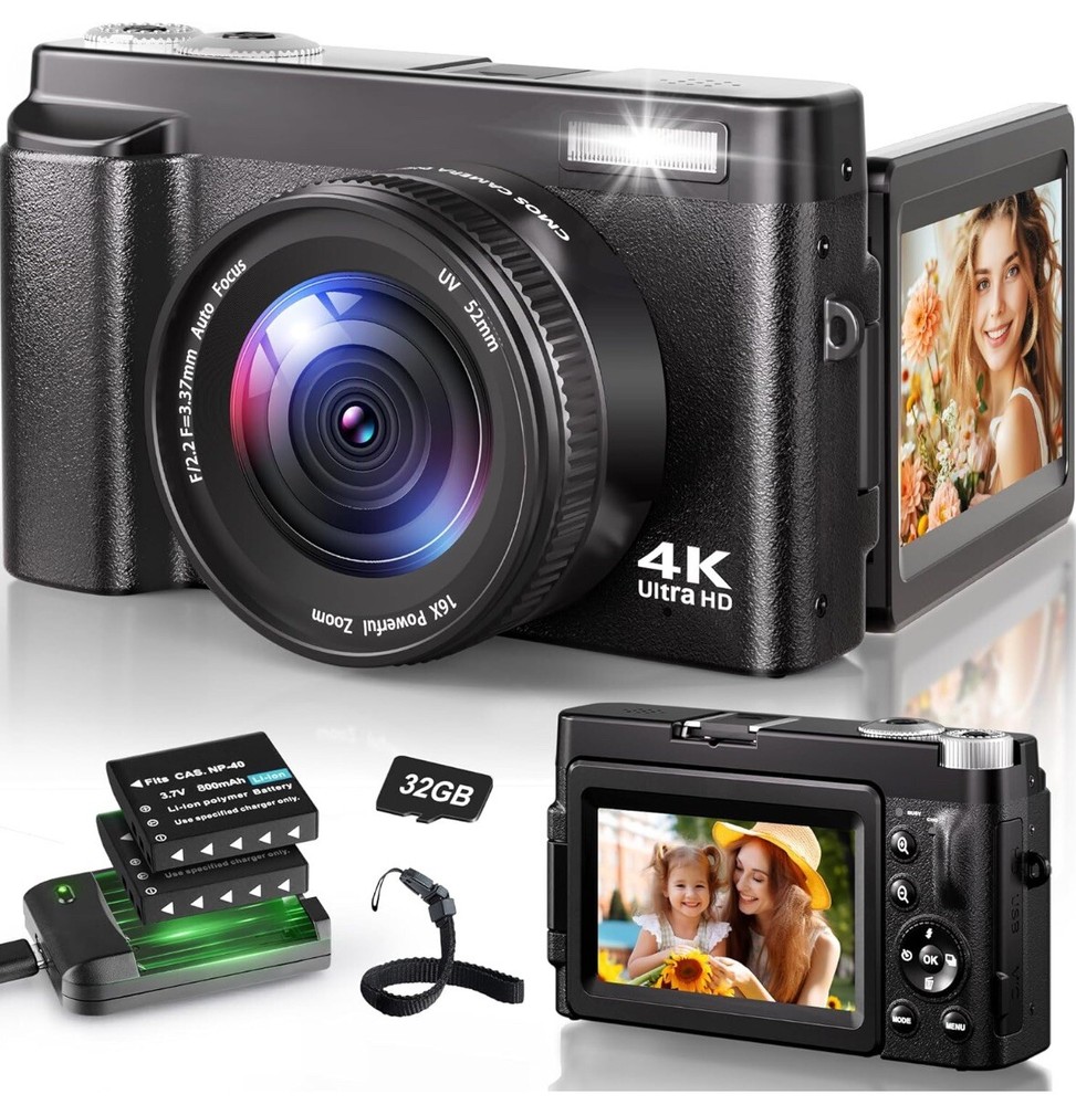 4K Digital Camera 48MP 60FPS Video HDMI Photo 16x Zoom w/32G SD Vlogging Youtube