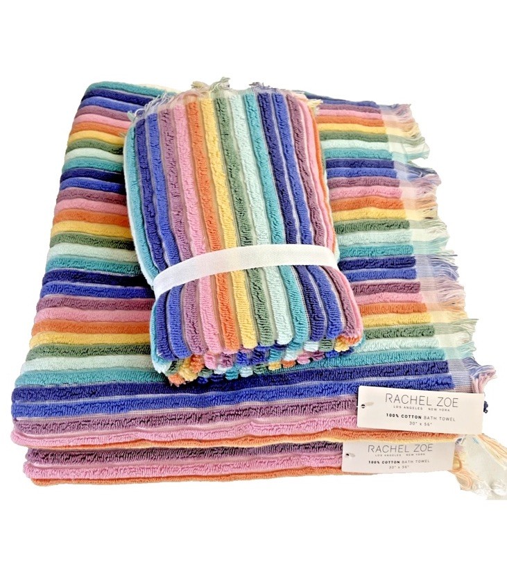 4pc Rachel Zoe RAINBOW STRIPES 2 Bath 2 Hand Towel Set 100% Cotton