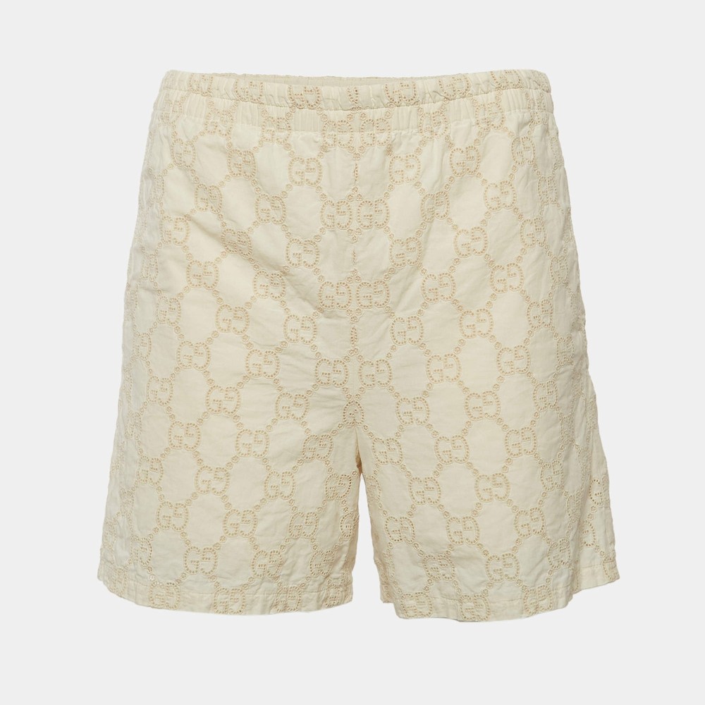 Gucci White Monogram Pattern Cotton Shorts S