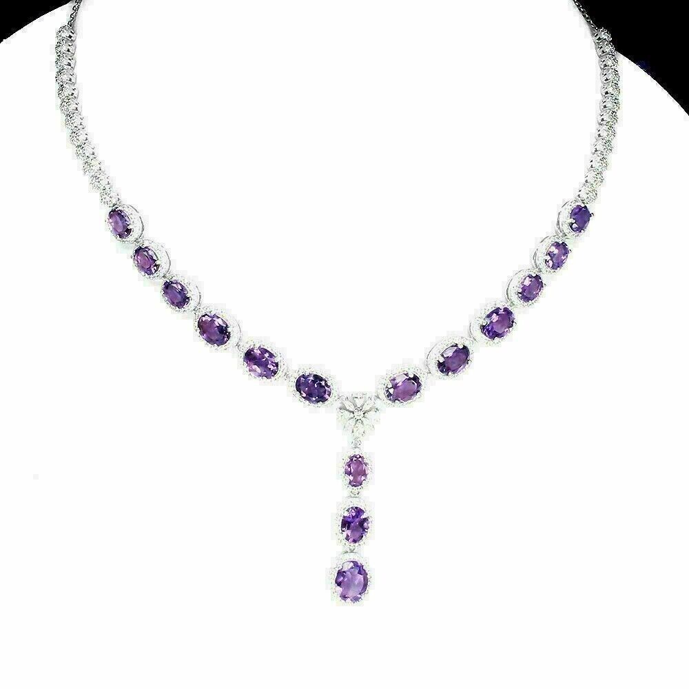 Silver Necklace Amethyst Purple Genuine Natural Gems Solid Sterling 17 to 19 In