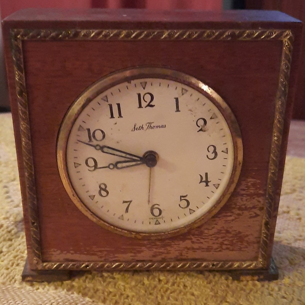 Seth Thomas Mechanical Square Wood Brass Desk Alarm Clock Analog Brown Gold