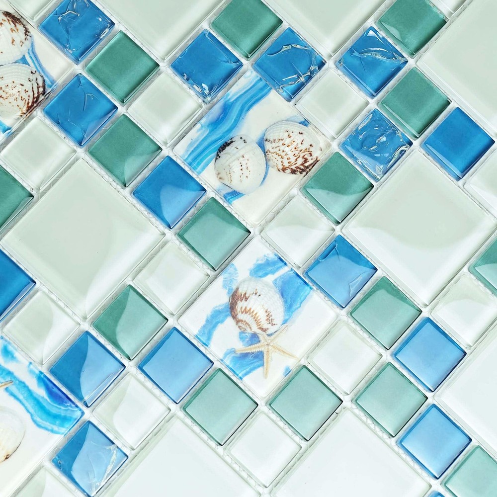 Glossy Glass Beachy Backsplash Tile in Ice Crack Blue with Shell Mosaic Resin Design