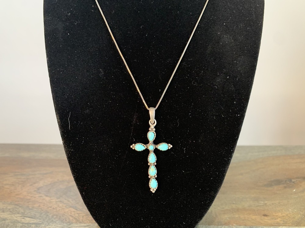 Sterling Silver Necklace Cross Pendant Turquoise Vintage Stamped 925 GLP