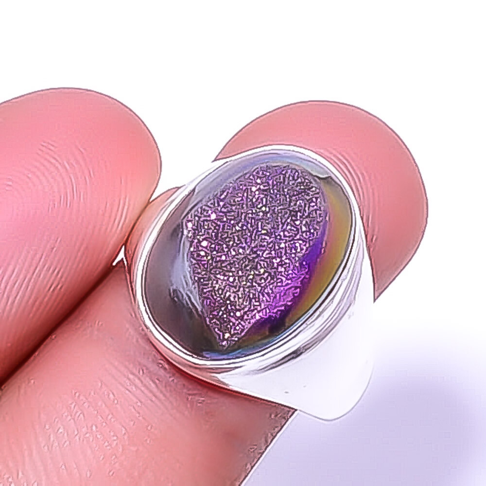 Titanium Purple Agate Drusy 925 Sterling Silver Handmade Ring s.9 R7-9 A341