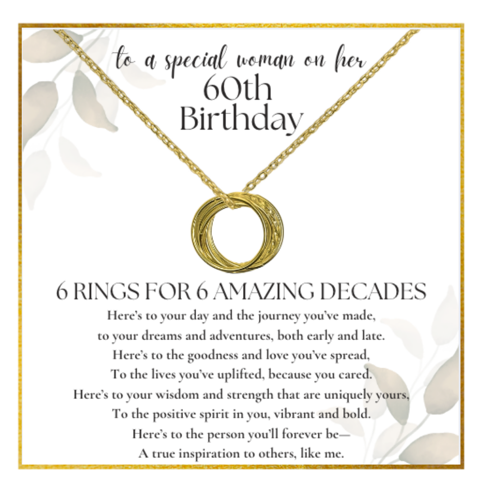 60th Birthday S925 Silver Necklace with 6 Rings for 6 Decades
