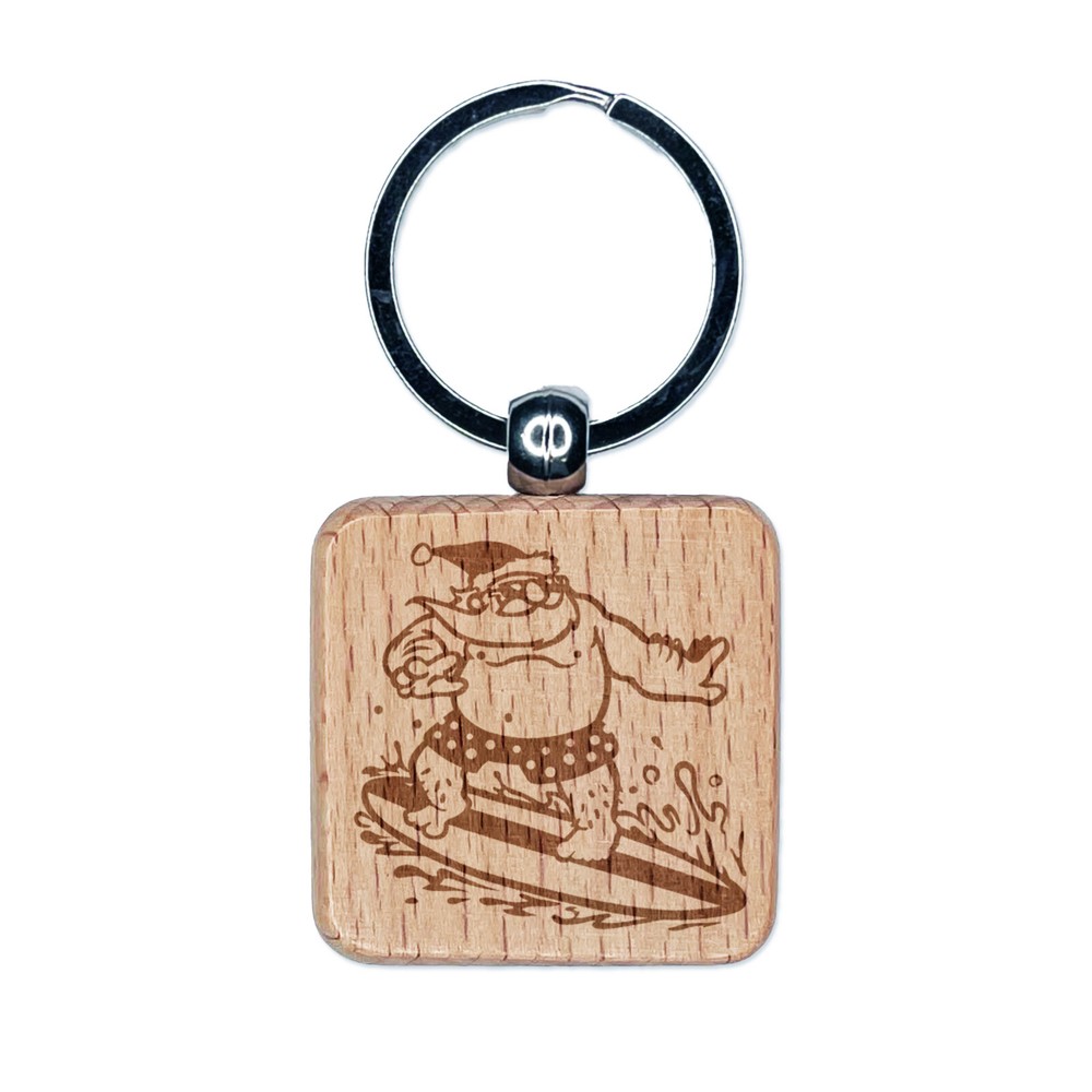 Surfing Santa Wooden Keychain Christmas Gift Engraved Charm  