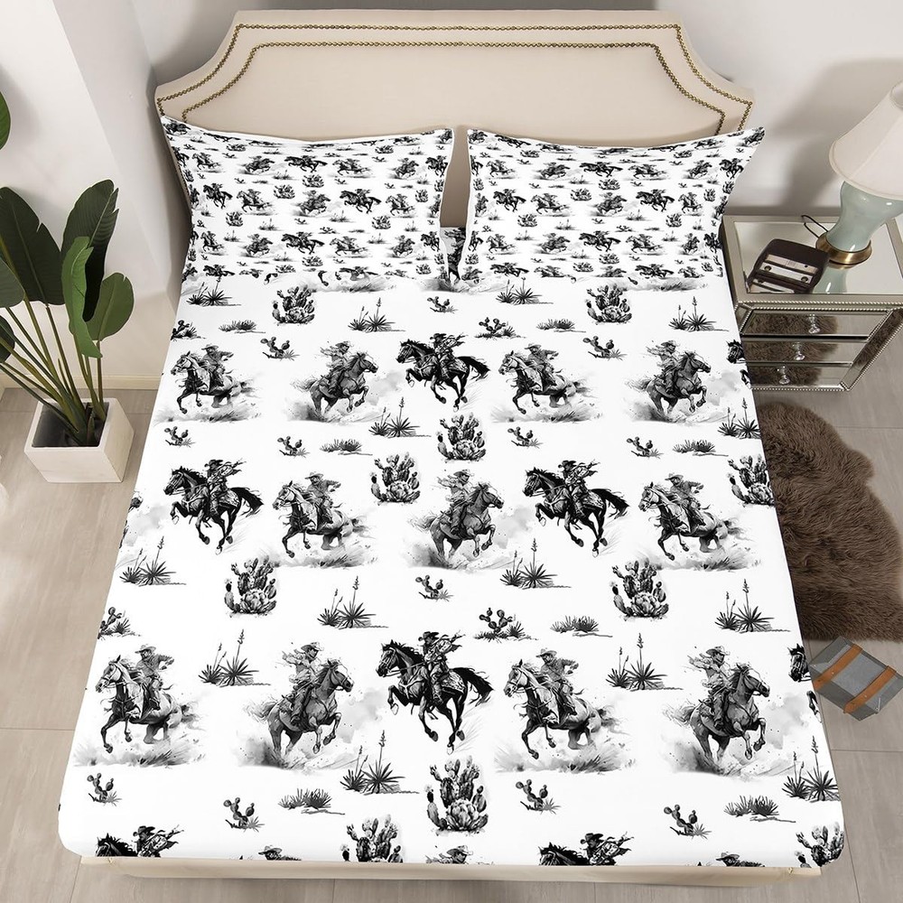 Western Cowboy Kids Fitted Sheet Queen Size,Cowboy Horse Cactus Rustic Farmho...