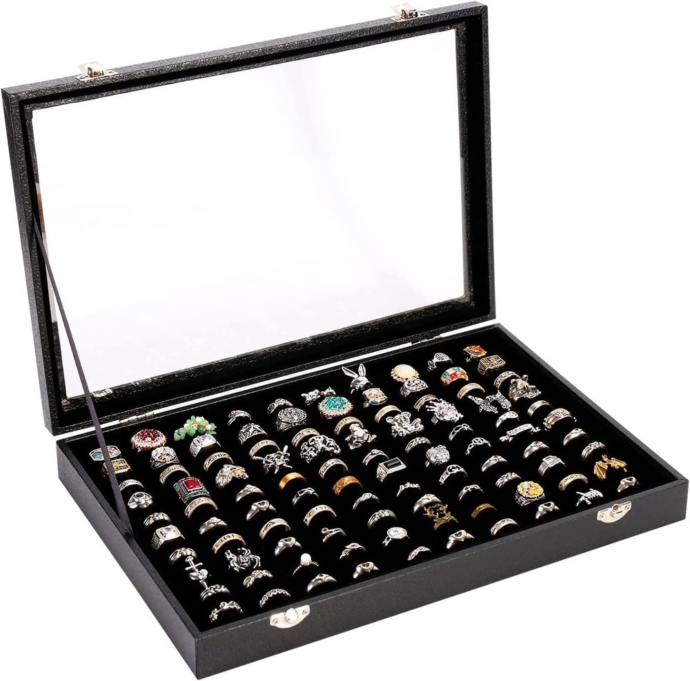 Black 100 Slots Ring Organizer Box,Ring Display Case Storage Boxes with Glass