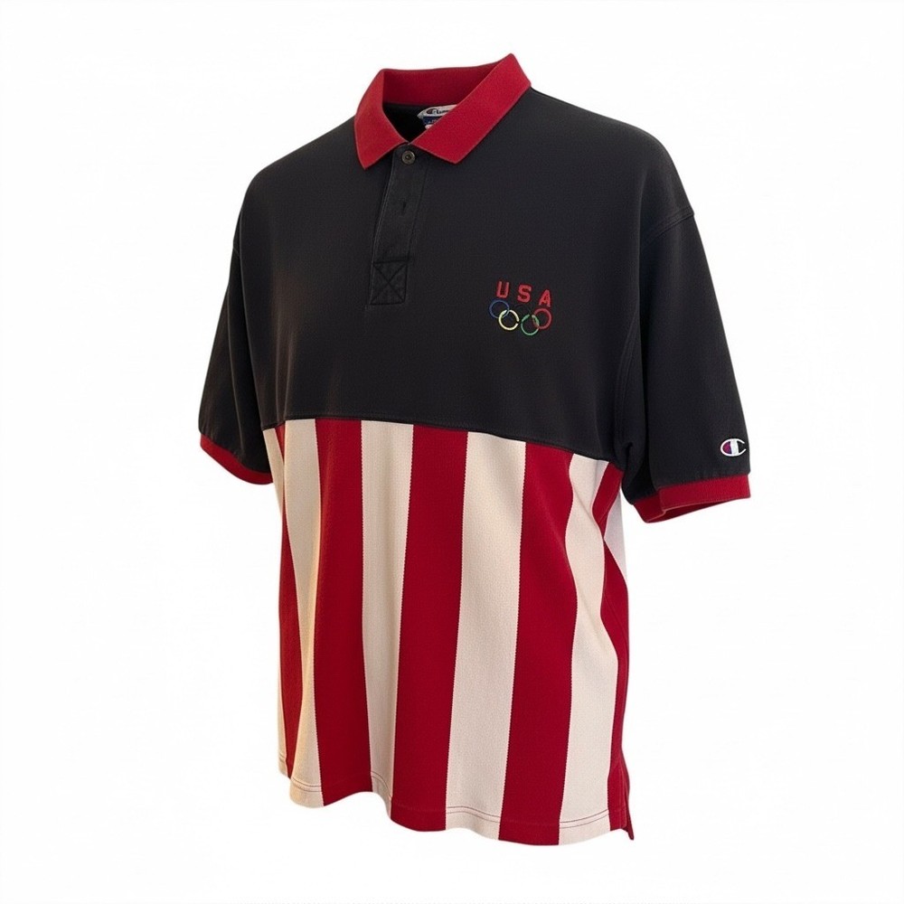 Champion USA Olympic Rings Polo Shirt Men's Red White Blue Stripes XL Vintage 90