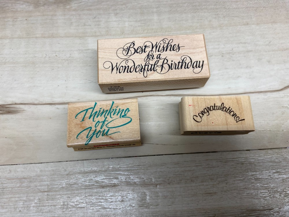 Wood Mounted Rubber Stamps Mixed Lot Of 3 Greetings Wishes