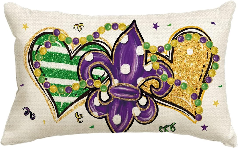 Mardi Gras Fleur De Lis Heart Bead Throw Pillow Cover, 12 X 20 Inch Holiday Part