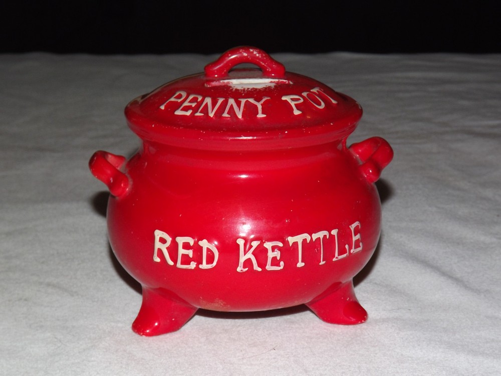 VINTAGE PENNY POT RED KETTLE CERAMIC COIN BANK