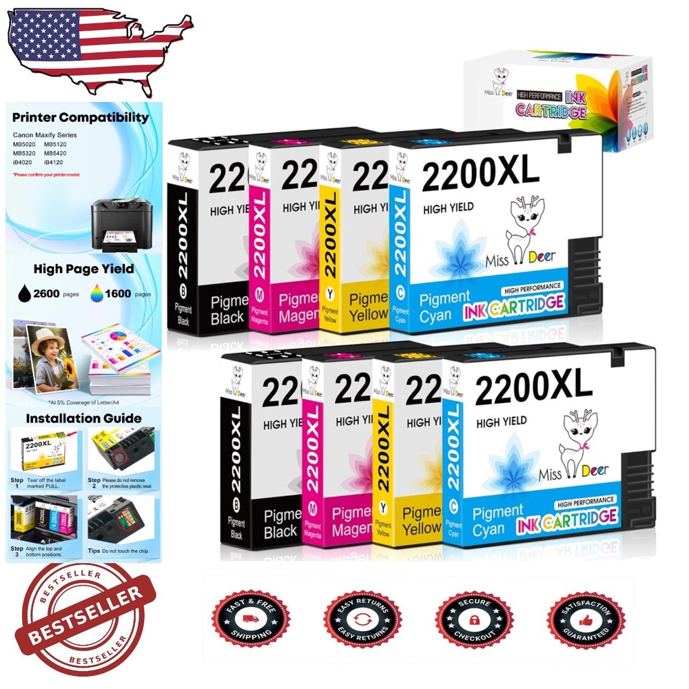 Best Value High Yield PGI-2200XL Ink Cartridges for Canon Maxify - 2600 Pages