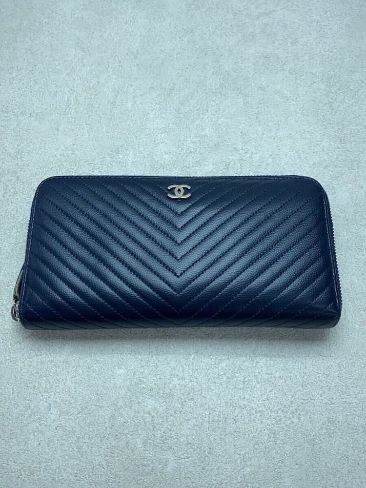 CHANEL Navy Chevron Caviar Zip Around Long Wallet with CC Flip Closure Pre-Loved