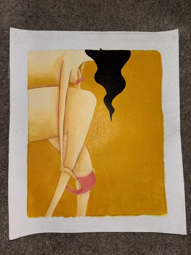 Yellow Abstract Naked Woman Real Oil Painting On Canvas Yellow Background 9”x11”