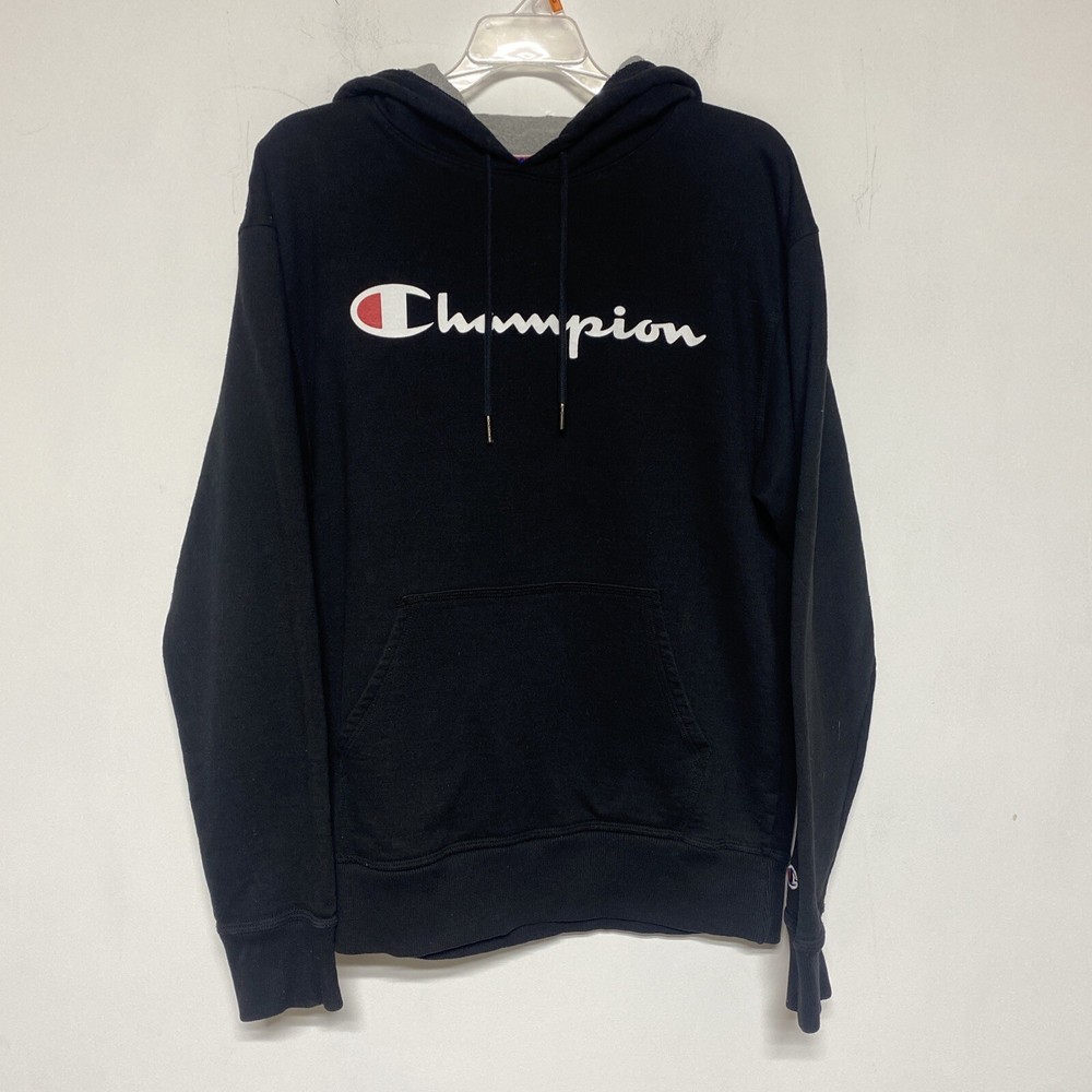 Champion Hoodie Men Medium Black Long Sleeve Sweatshirt Logo Pocket