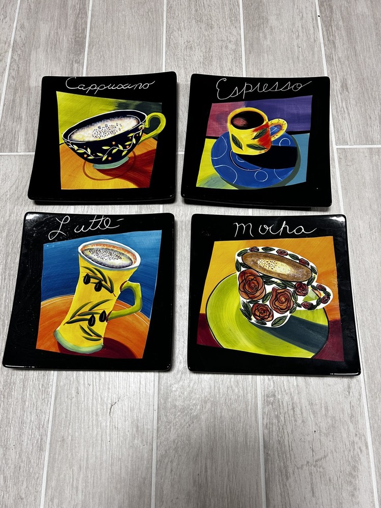 Rare 2003 Vintage Mary Naylor Hand-Painted Coffee Theme Wall Decor Square Plates Set of 4