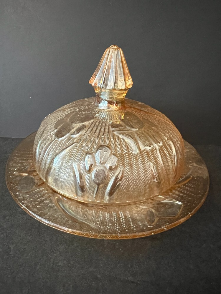 Vintage Iridescent Iris Herringbone Marigold Butter Dish with Tiny Chip