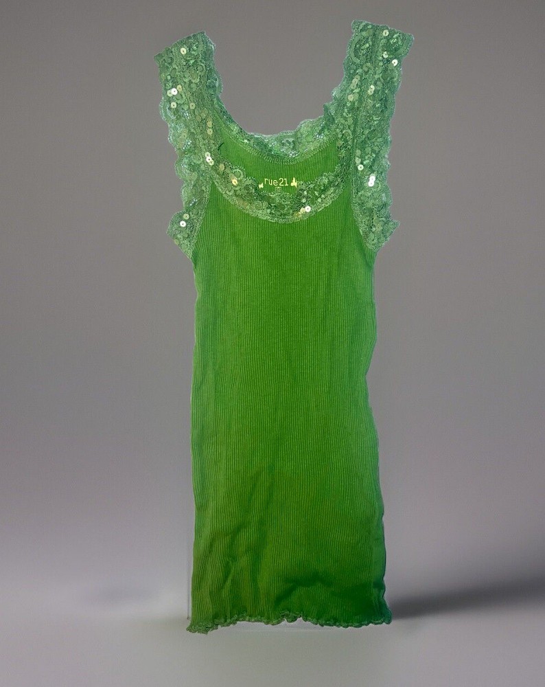 Y2K Rue 21 XS/S Green Lace Trimmed Tank Top W/ Sequins.