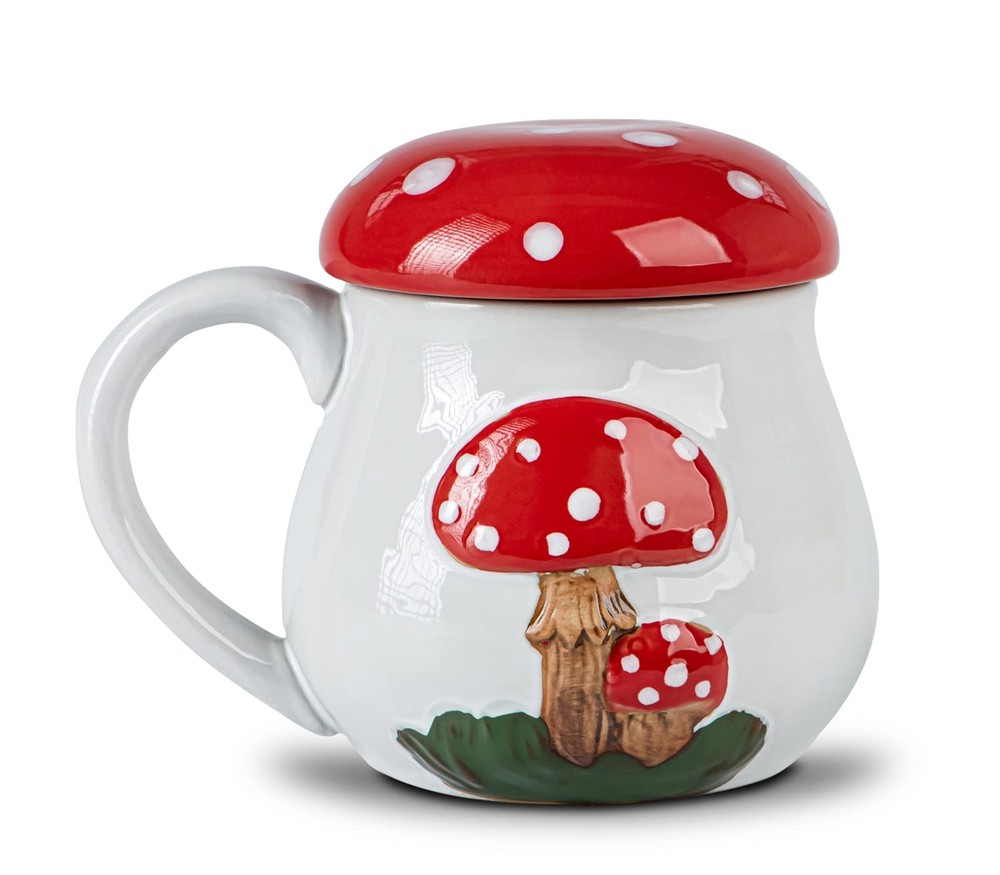 Cute Mushroom Ceramic Mug With Lid - Large Coffee & Tea Cup - Funny Gift for Women