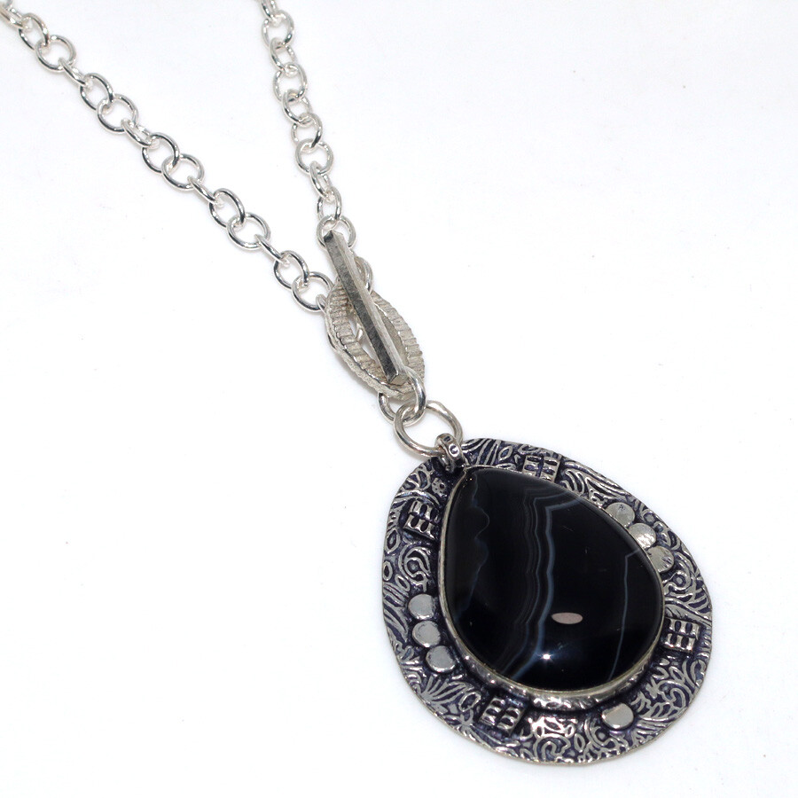 925 Silver Plated Black Onyx Ethnic Necklace Jewelry, 17 Inches JW